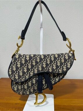 Designer-Inspired Beige and Blue Saddle Bag with Gold Hardware